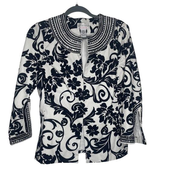 Victor Costa Occasion Womens Jacket Size Extra Small Floral Black White Blazer - Picture 1 of 16